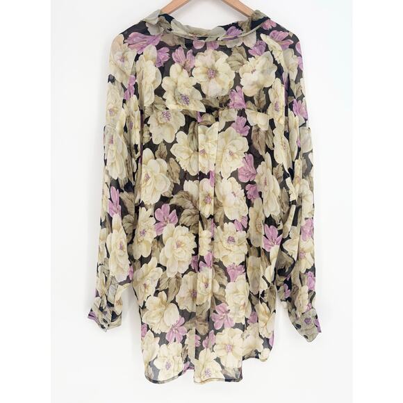 Posse Women's Sheer Cream Lavendar Floral Oversized Button-Down Shirt Size XS/S - Picture 3 of 6